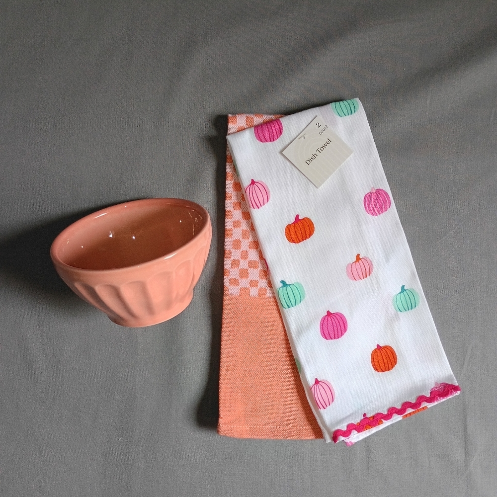 Peach Color  BISCUIT Anthropologie Latte Stoneware Cereal Bowl + Towel Set
